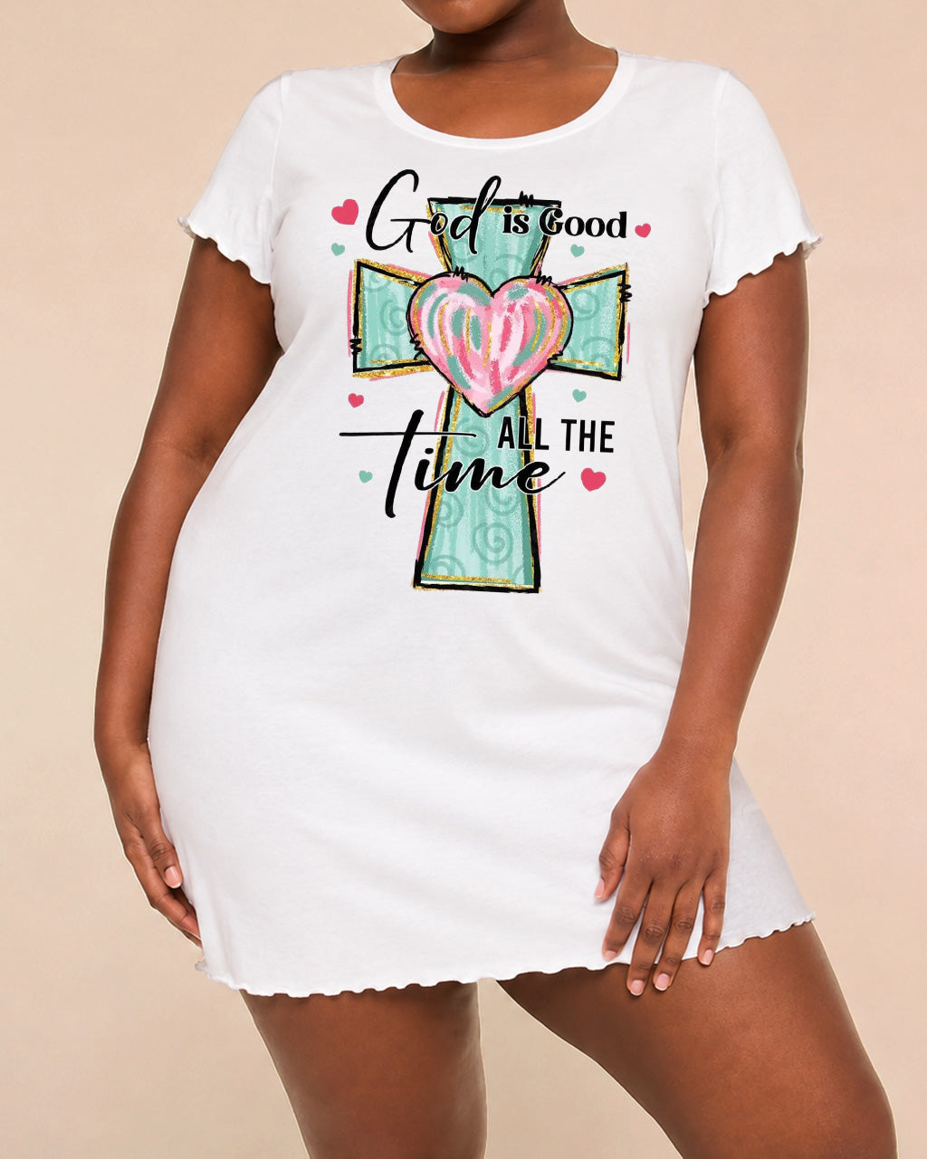 Mint Green Cross Pink Heart God Is Good Print Nightdress (XS-5XL) OMFORT