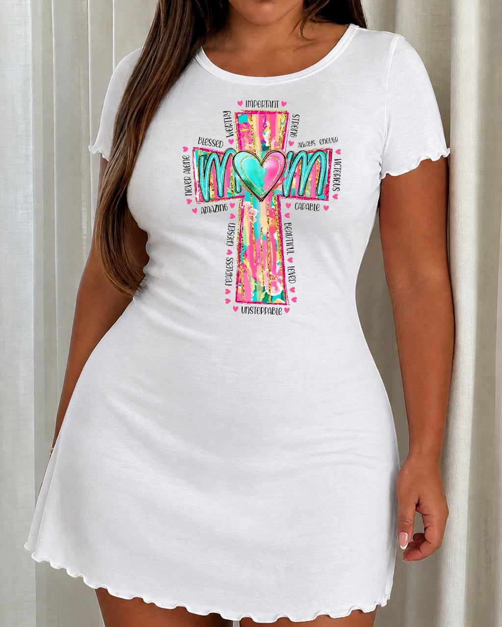 Colorful Glitter Cross MAMA Positive Word Print Nightdress (XS-5XL) OMFORT