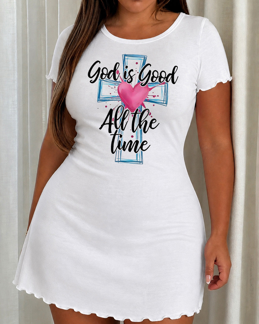Blue Sketch Cross Pink Heart God Is Good Nightdress (XS-5XL) OMFORT