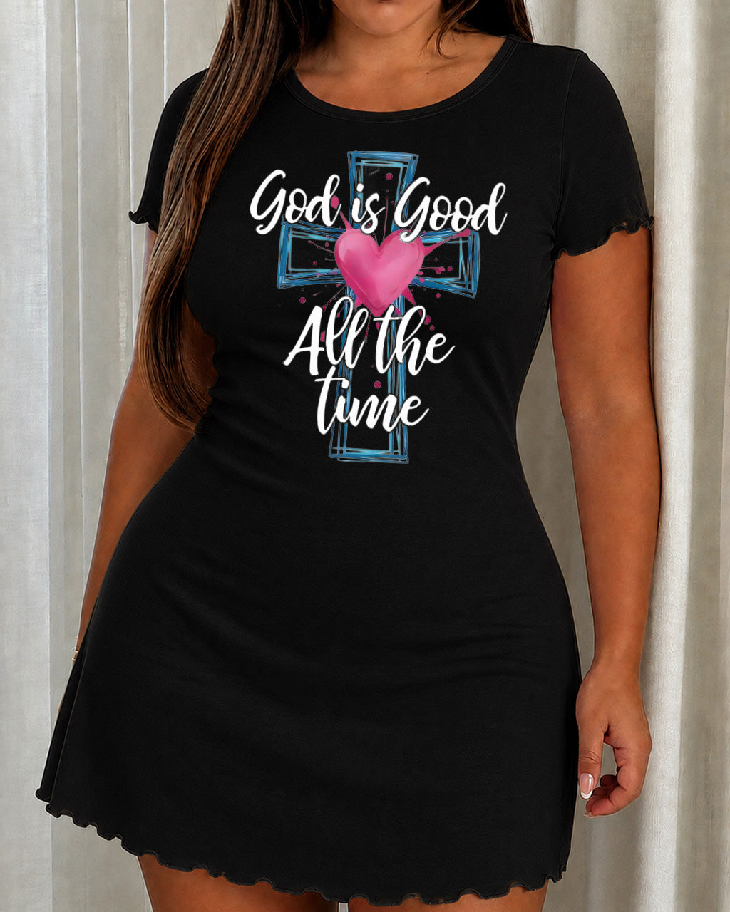Blue Sketch Cross Pink Heart God Is Good Nightdress (XS-5XL) OMFORT