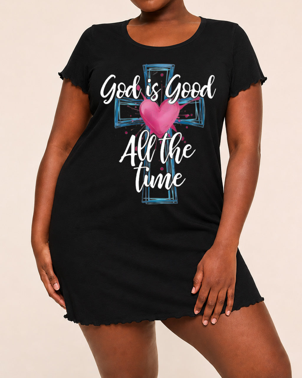 Blue Sketch Cross Pink Heart God Is Good Nightdress (XS-5XL) OMFORT