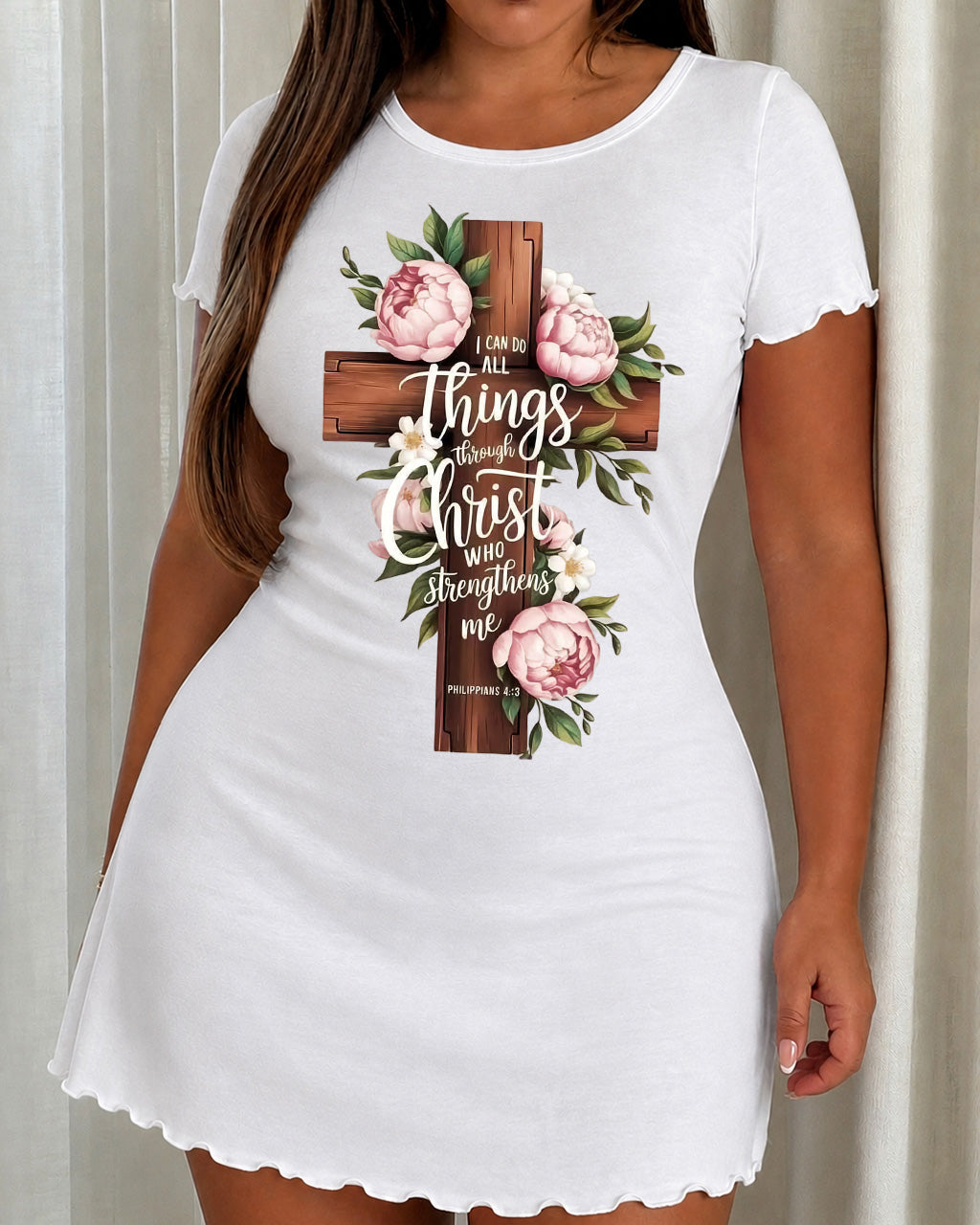 Wooden Cross Pink Peony Bible Verse Print Nightdress (XS-5XL) OMFORT