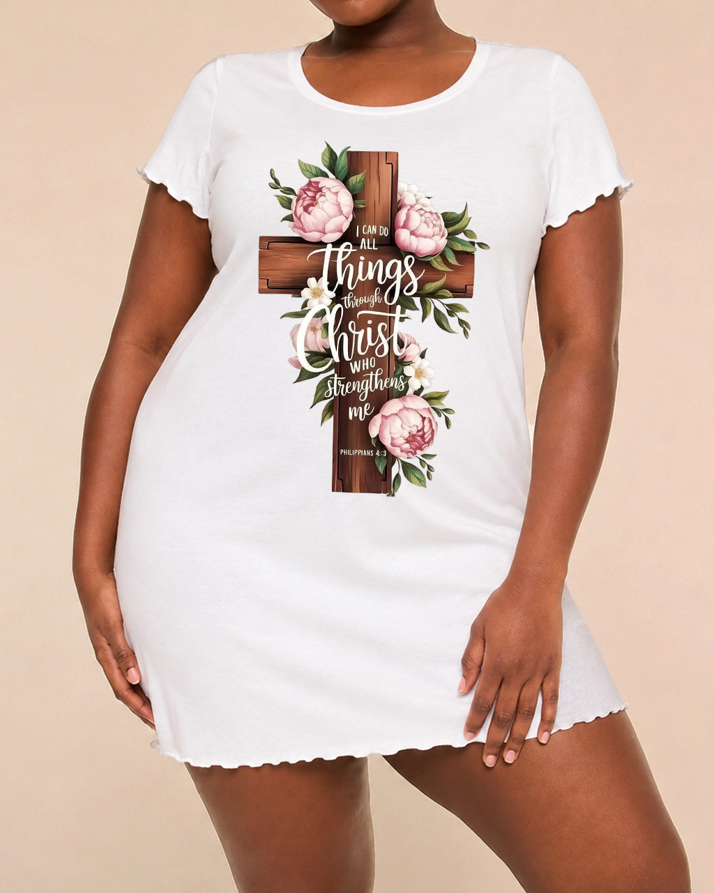Wooden Cross Pink Peony Bible Verse Print Nightdress (XS-5XL) OMFORT