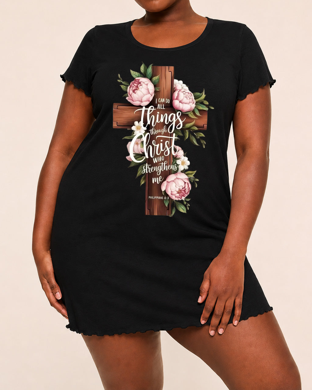 Wooden Cross Pink Peony Bible Verse Print Nightdress (XS-5XL) OMFORT