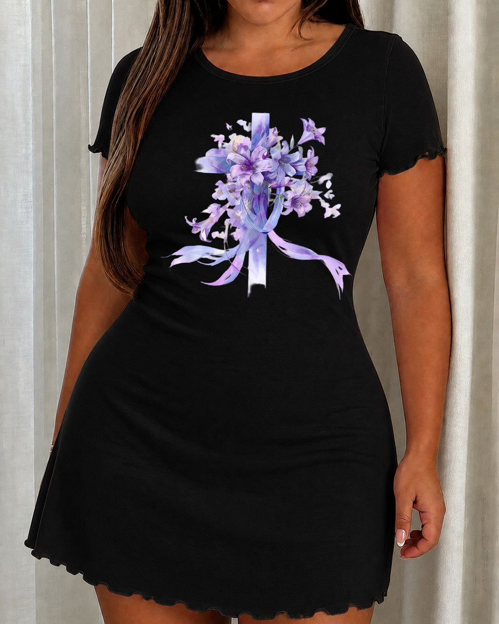 Purple Ribbon Floral Cross Watercolor Nightdress (XS-5XL) OMFORT