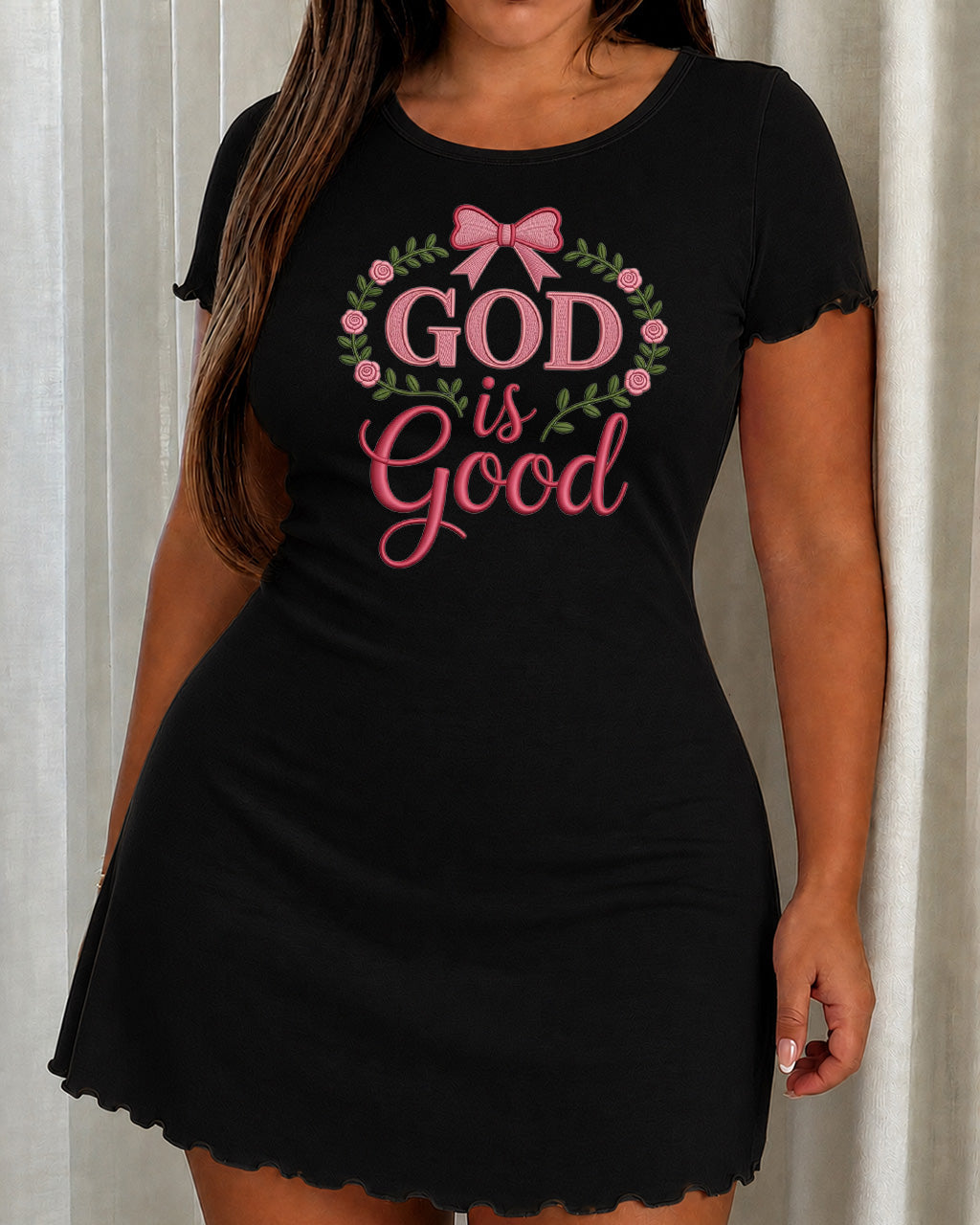 Rose Wreath Bow Embroidery Style God Is Good Nightdress (XS-5XL) OMFORT