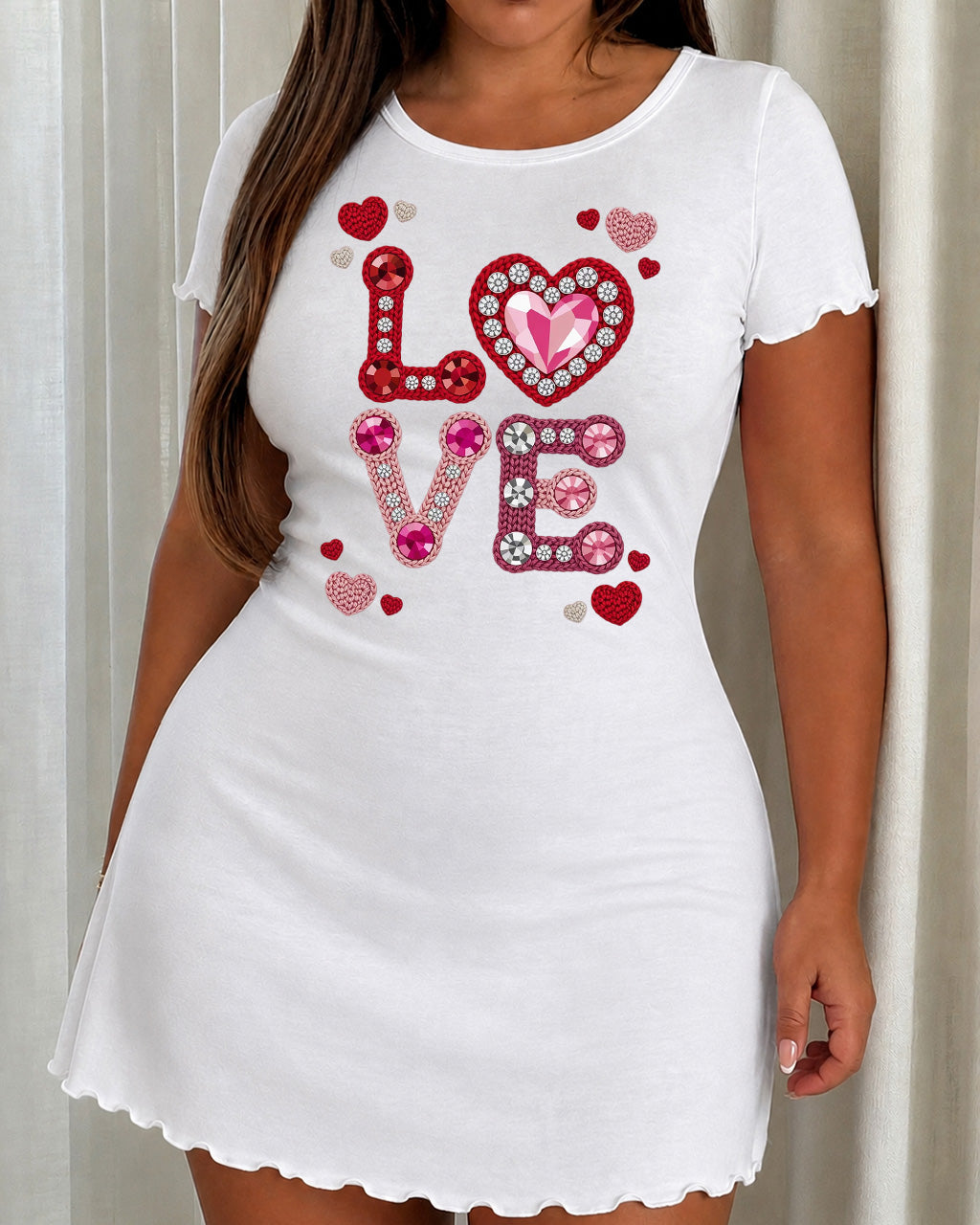Rhinestone Crochet LOVE Heart Print Ruffle Nightdress (XS-5XL) OMFORT