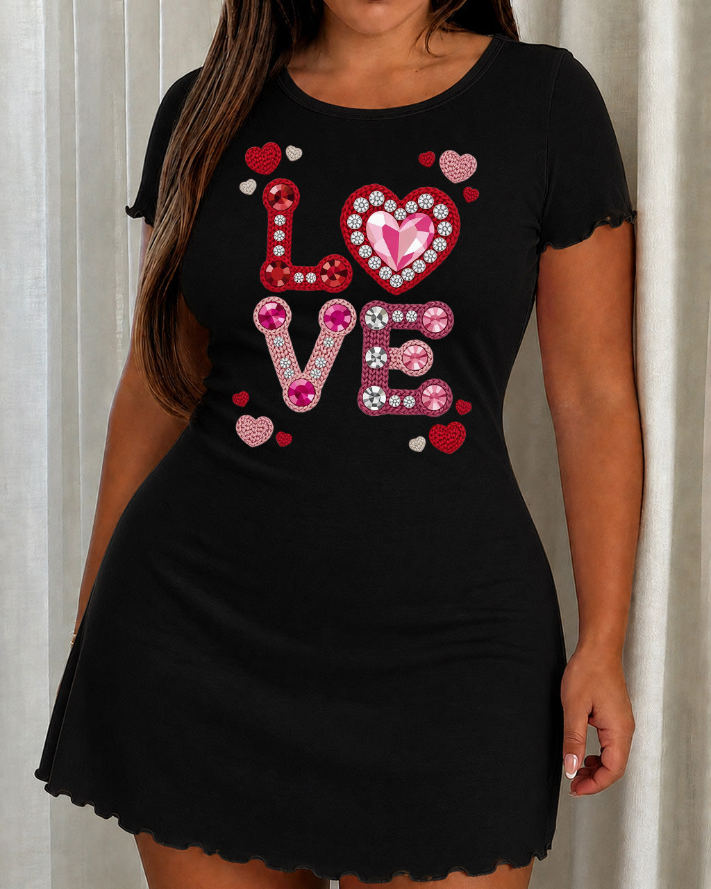 Rhinestone Crochet LOVE Heart Print Ruffle Nightdress (XS-5XL) OMFORT