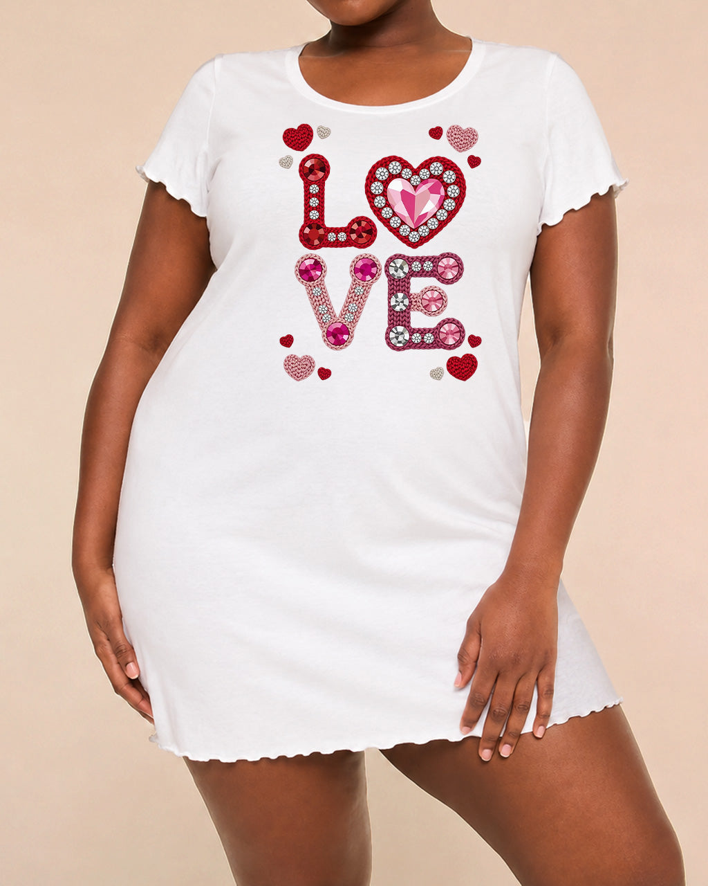 Rhinestone Crochet LOVE Heart Print Ruffle Nightdress (XS-5XL) OMFORT