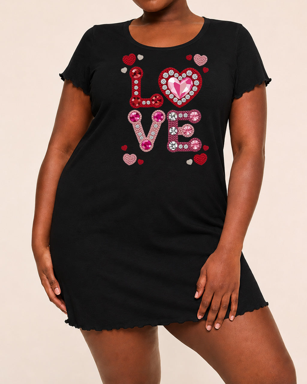 Rhinestone Crochet LOVE Heart Print Ruffle Nightdress (XS-5XL) OMFORT