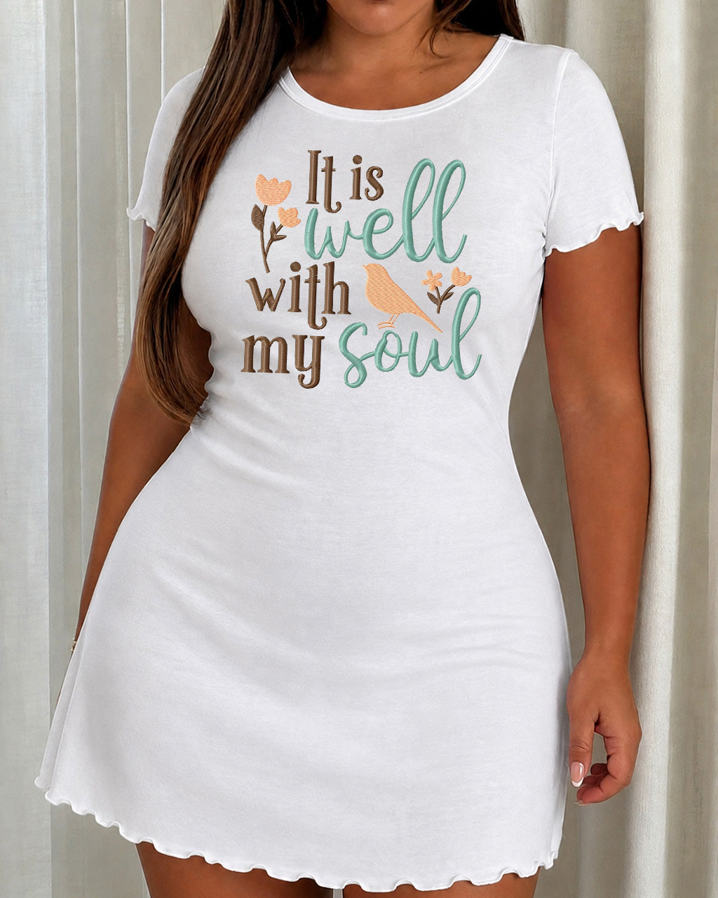 "It Is Well With My Soul" Bird Tulip Script Embroidery Nightdress (XS-5XL) OMFORT