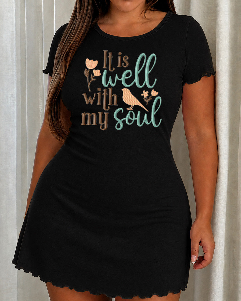 "It Is Well With My Soul" Bird Tulip Script Embroidery Nightdress (XS-5XL) OMFORT