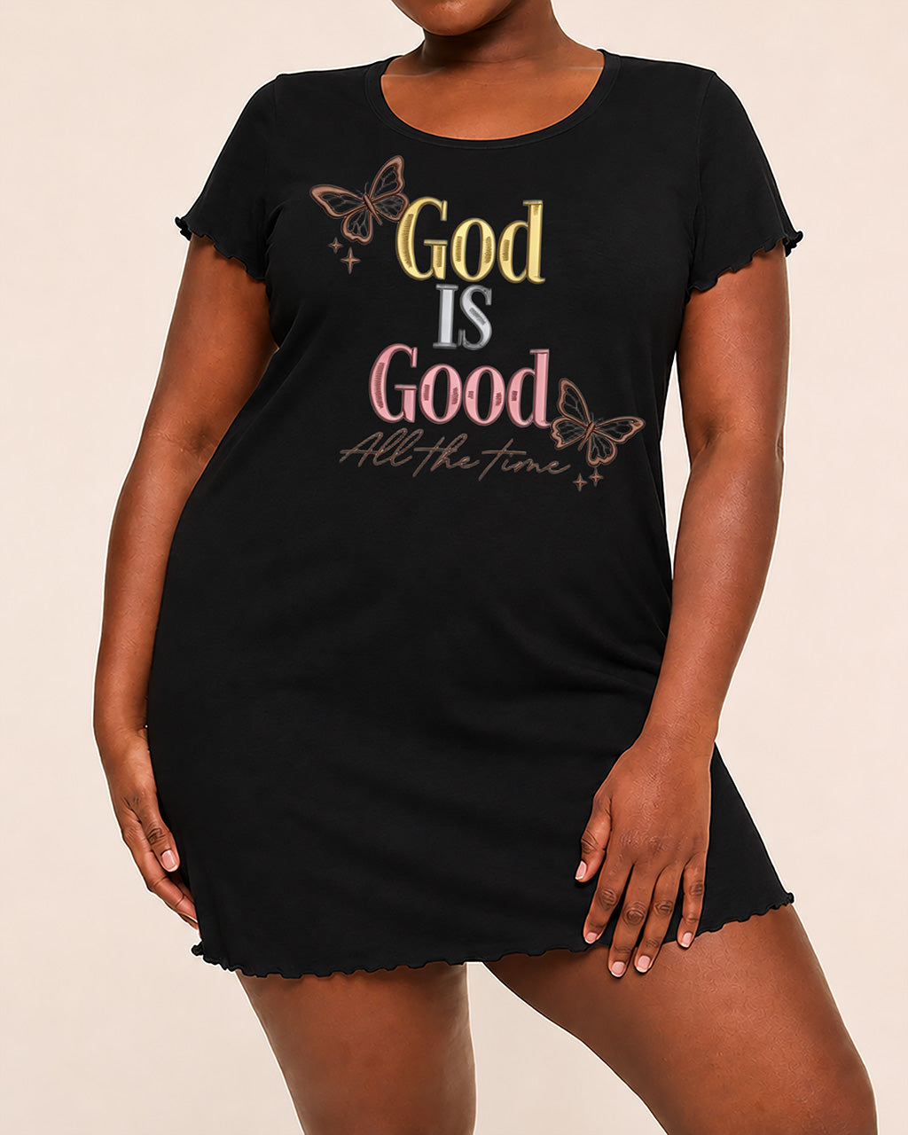 God Is Good All The Time Brown Butterfly Multi Color Letter Ruffle Nightdress (XS-5XL) OMFORT