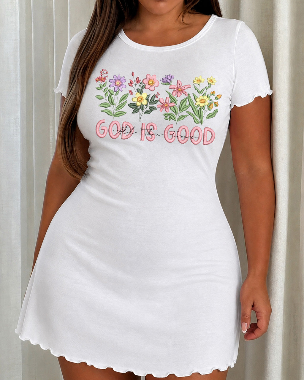 Wildflower Bouquet God Is Good Embroidery Print Short Sleeve Sleep Dress (XS-5XL) OMFORT