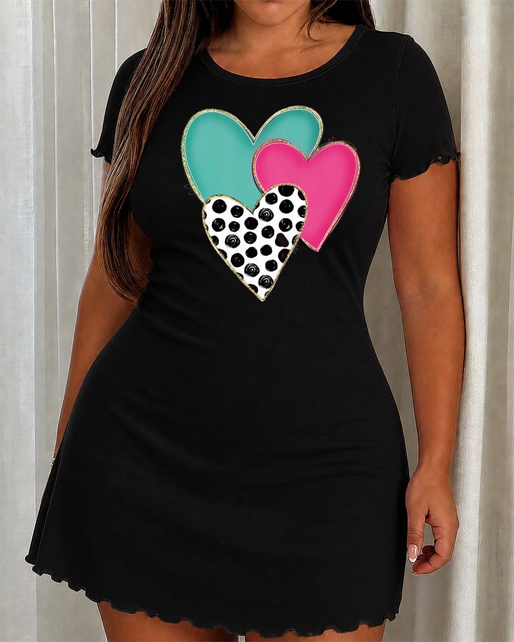 Teal Pink Black Polka Dot Triple Overlapping Heart Print Nightgown (XS-5XL) OMFORT