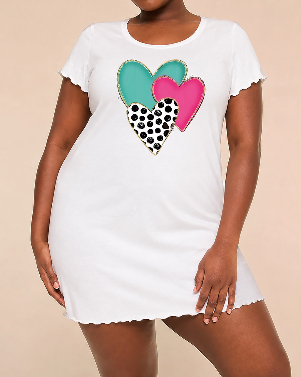 Teal Pink Black Polka Dot Triple Overlapping Heart Print Nightgown (XS-5XL) OMFORT