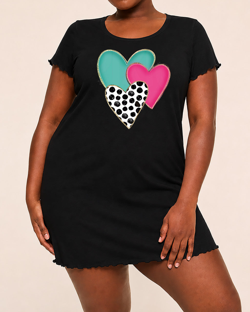 Teal Pink Black Polka Dot Triple Overlapping Heart Print Nightgown (XS-5XL) OMFORT