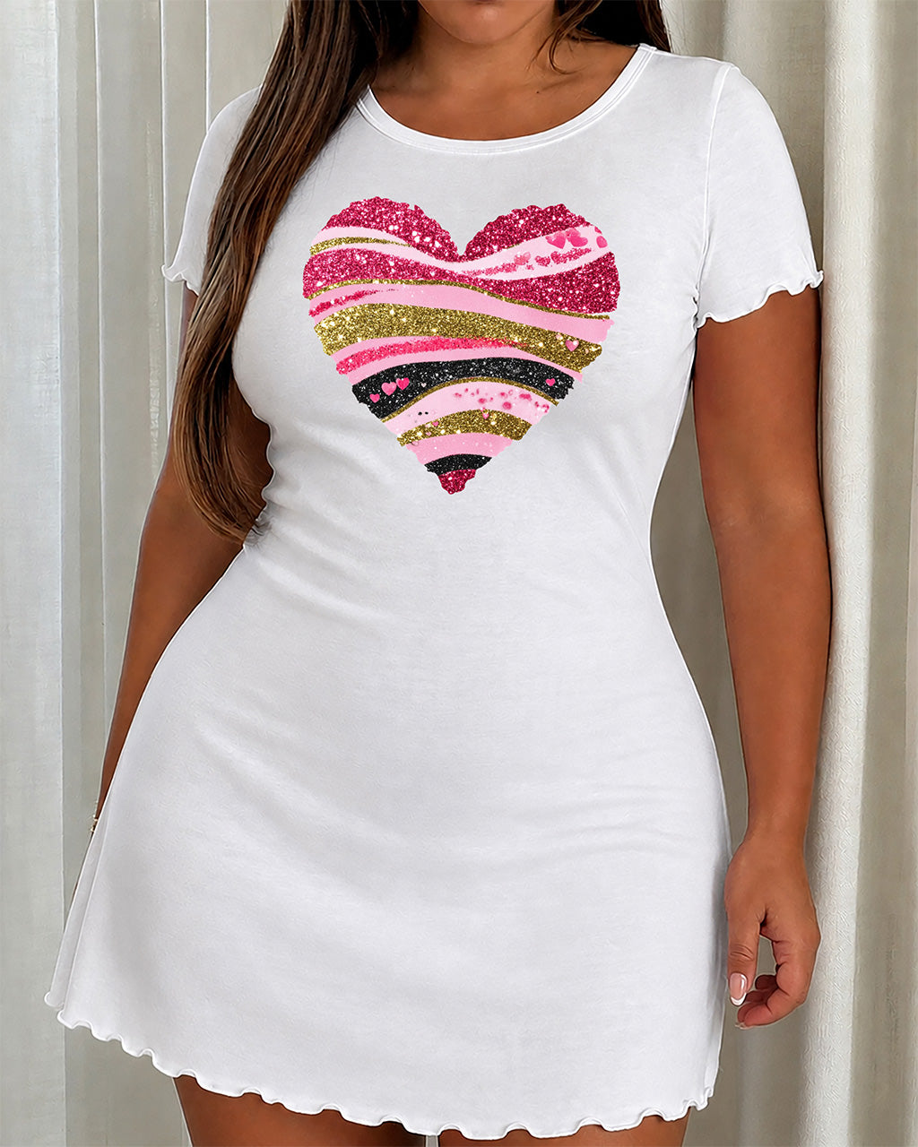 Pink Gold Glitter Striped Shimmer Heart Print Nightdress (XS-5XL) OMFORT