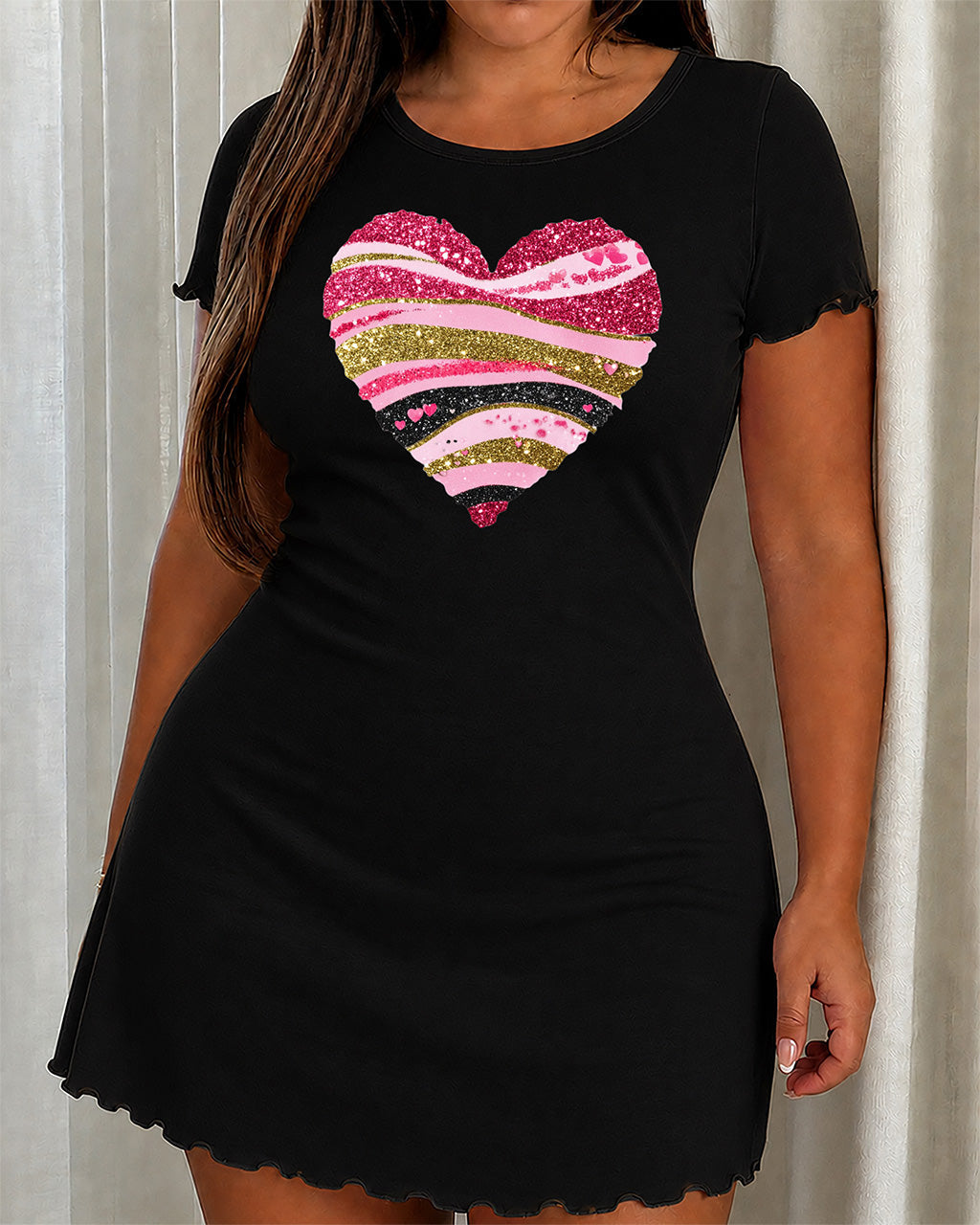 Pink Gold Glitter Striped Shimmer Heart Print Nightdress (XS-5XL) OMFORT