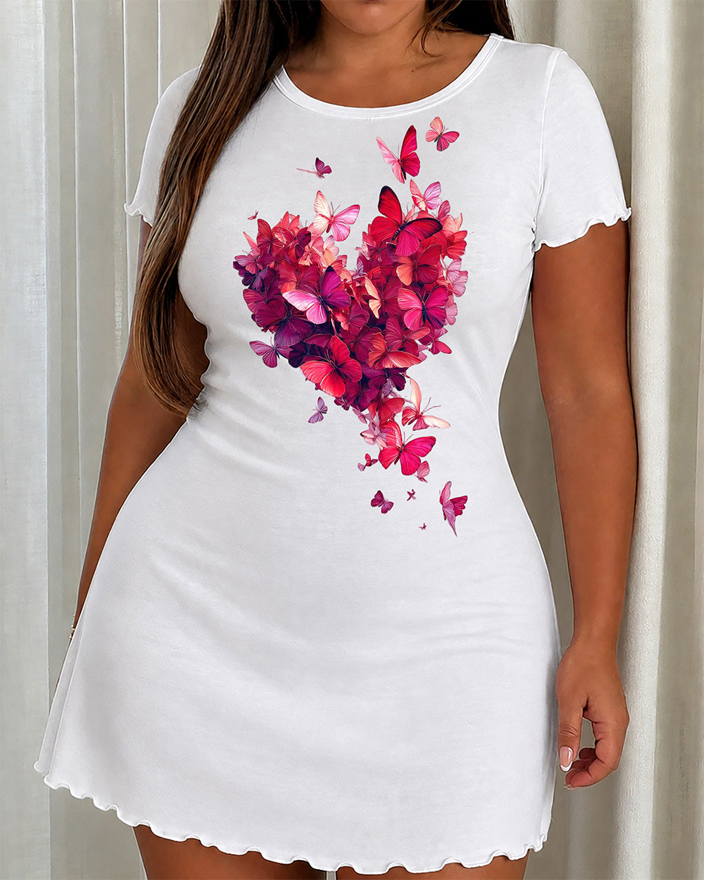 Pink Red Butterfly Heart Floral Art Print Sleep Dress (XS-5XL) OMFORT