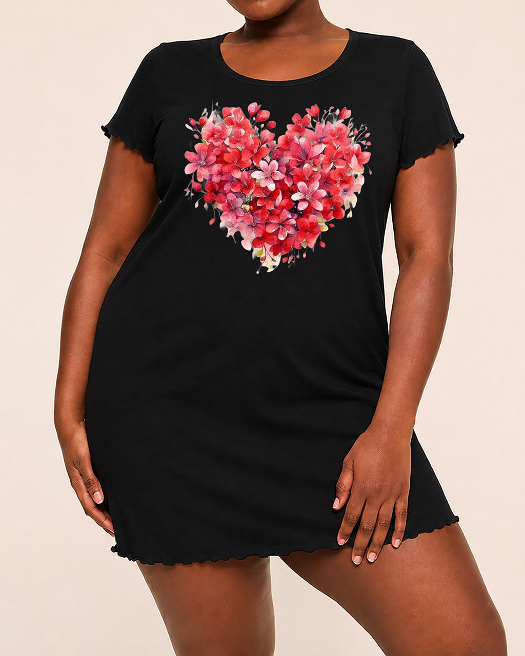 Romantic Red Floral Heart Watercolor Print Ruffle Short Sleeve Nightdress (XS-5XL) OMFORT