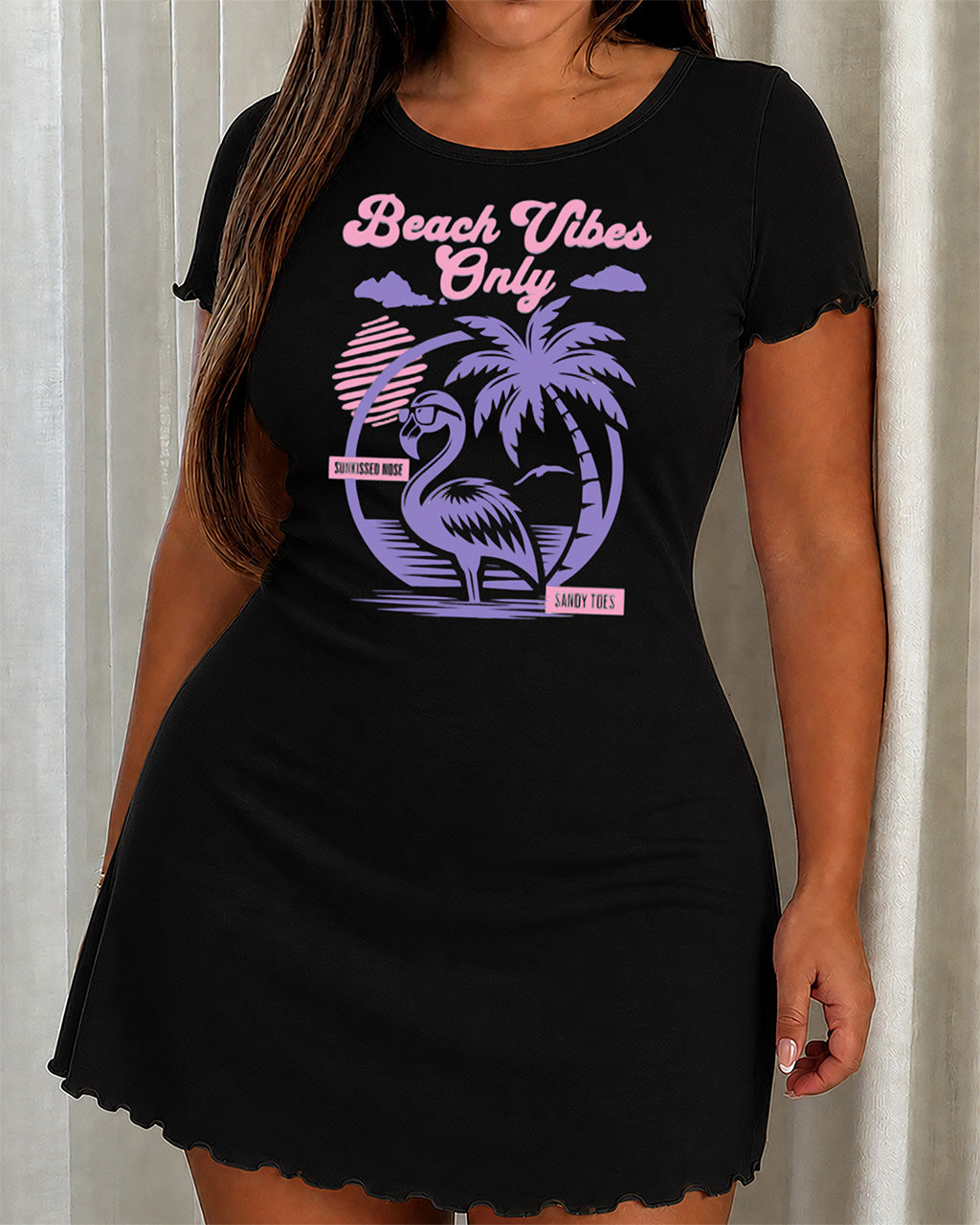 Beach Vibes Only Purple Flamingo Palm Tree Summer Nightgown (XS-5XL) OMFORT