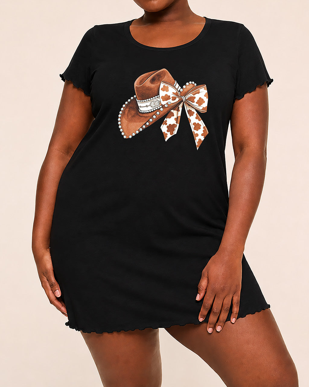 Cowgirl Hat Cow Print Bow Rhinestone Effect Print Nightdress (XS-5XL) OMFORT