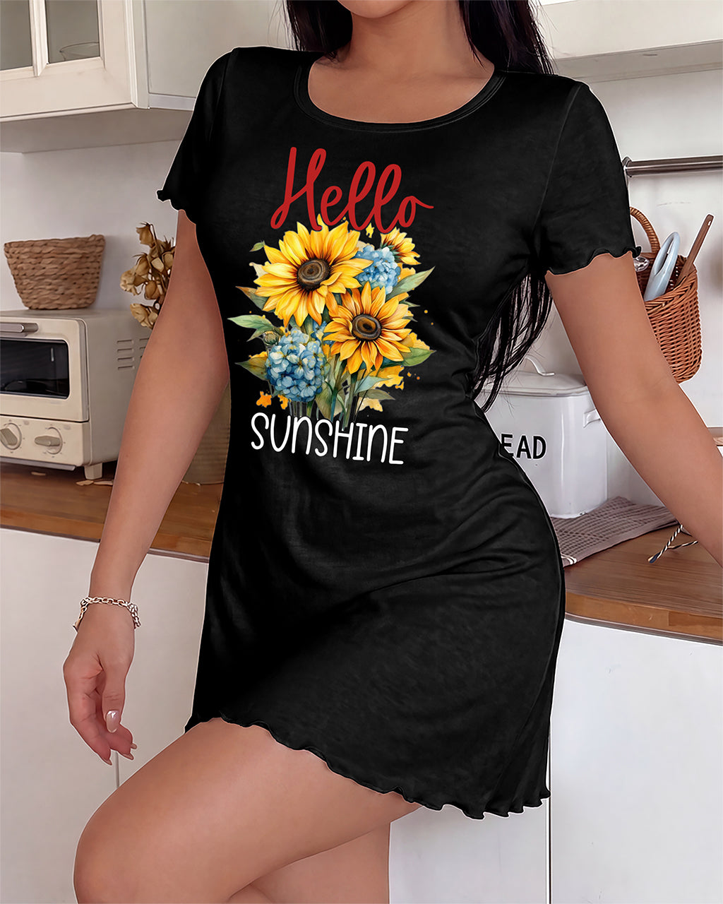 Hello Sunshine Sunflower Hydrangea Script Print Nightdress (XS-5XL) OMFORT