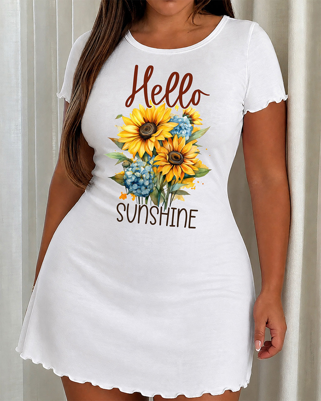 Hello Sunshine Sunflower Hydrangea Script Print Nightdress (XS-5XL) OMFORT