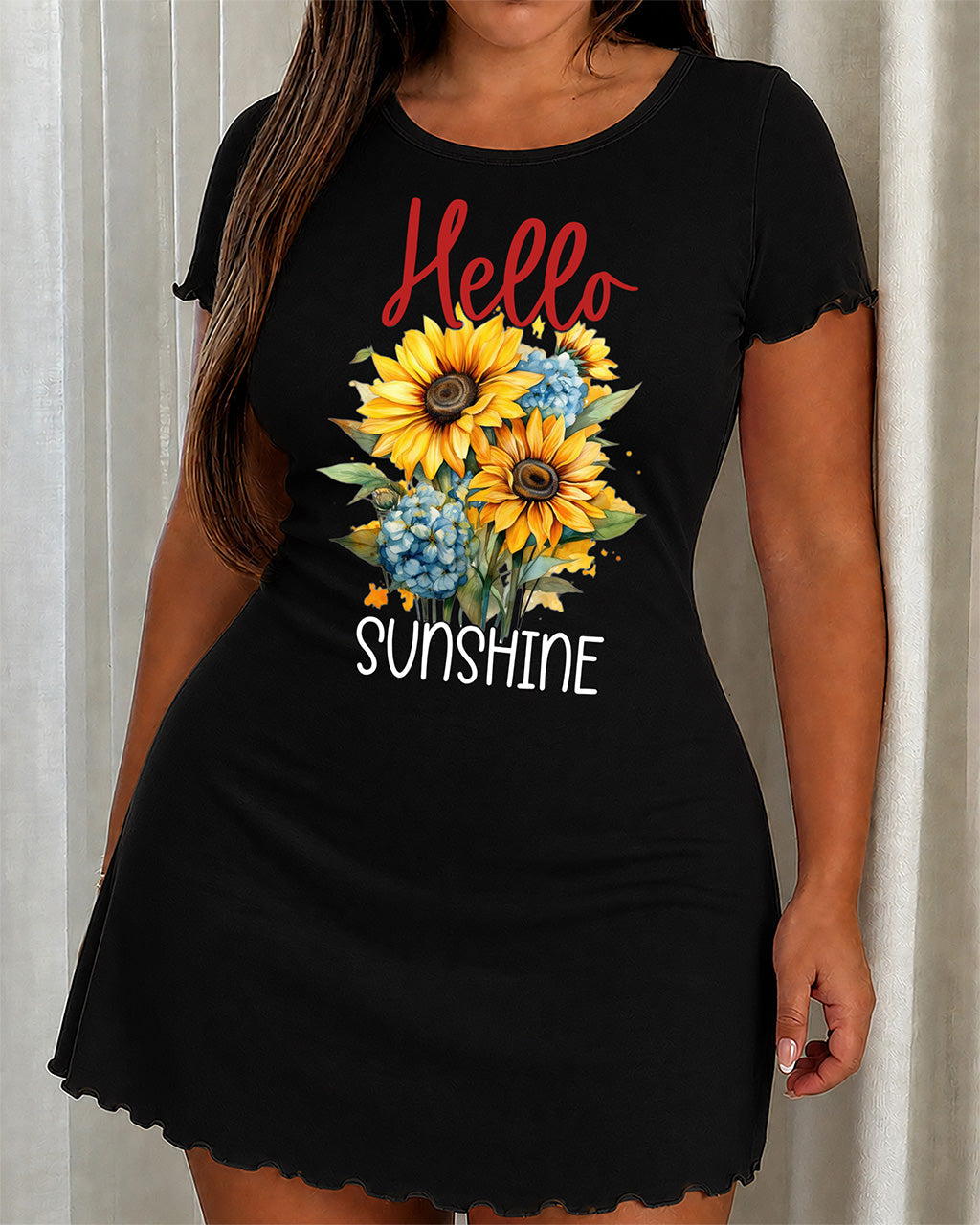 Hello Sunshine Sunflower Hydrangea Script Print Nightdress (XS-5XL) OMFORT