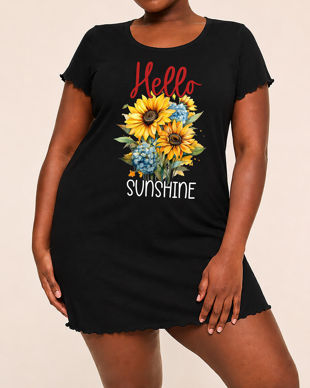 Hello Sunshine Sunflower Hydrangea Script Print Nightdress (XS-5XL) OMFORT