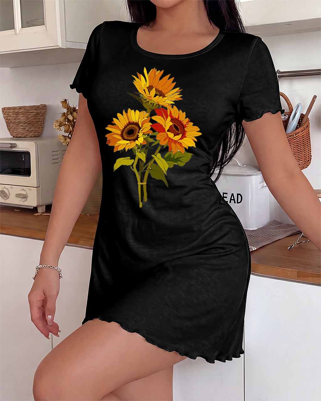 Three Sunflower Watercolor Floral Summer Ruffle Sleep Dress (XS-5XL) OMFORT