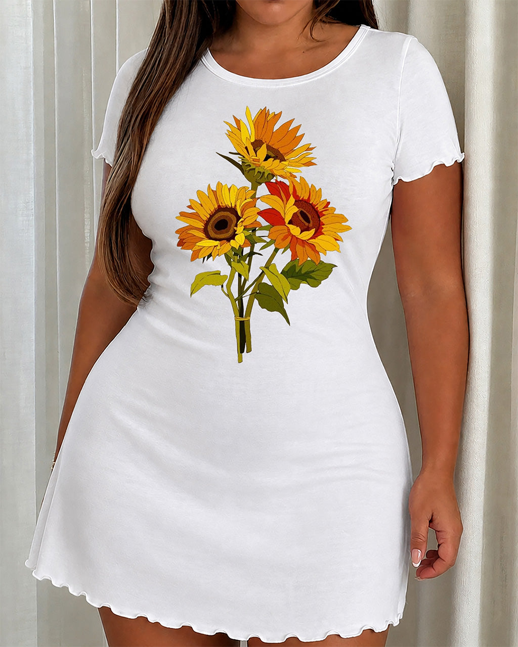 Three Sunflower Watercolor Floral Summer Ruffle Sleep Dress (XS-5XL) OMFORT
