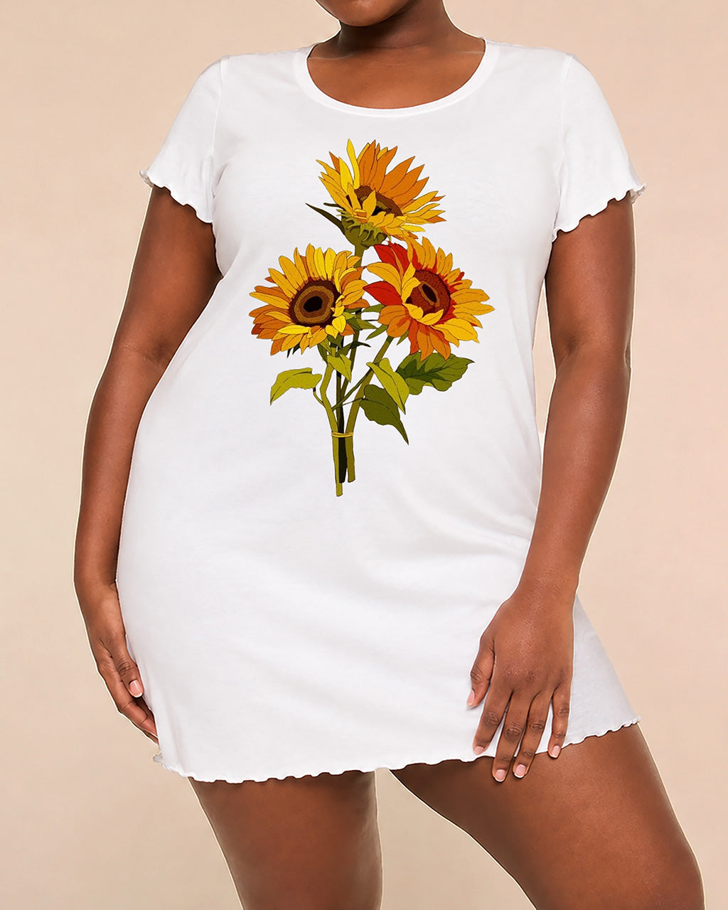 Three Sunflower Watercolor Floral Summer Ruffle Sleep Dress (XS-5XL) OMFORT