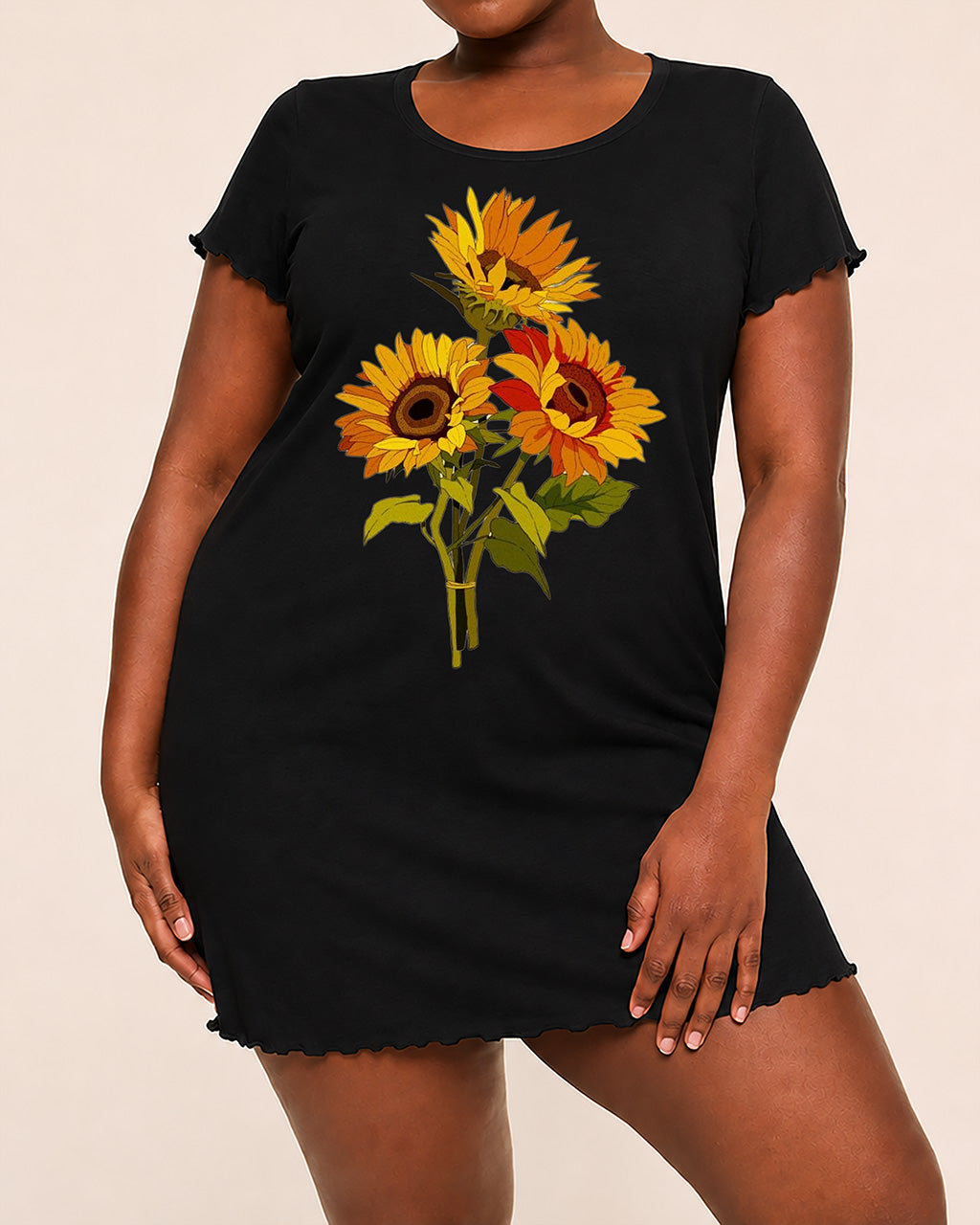 Three Sunflower Watercolor Floral Summer Ruffle Sleep Dress (XS-5XL) OMFORT