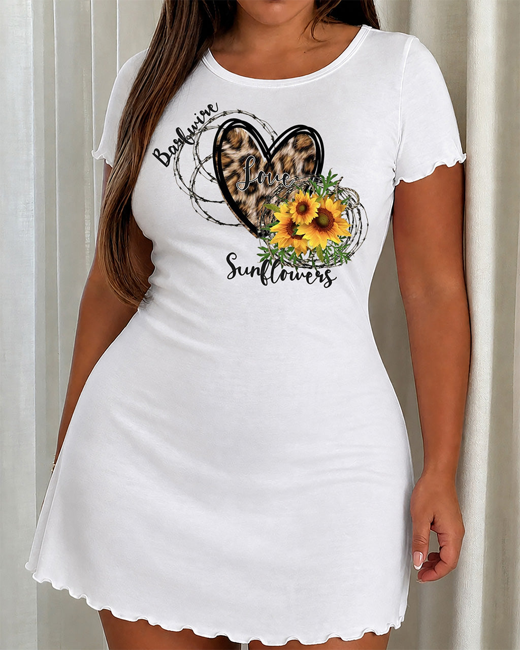 Barbed Wire Leopard Heart Love Sunflowers Print Ruffle Nightdress (XS-5XL) OMFORT