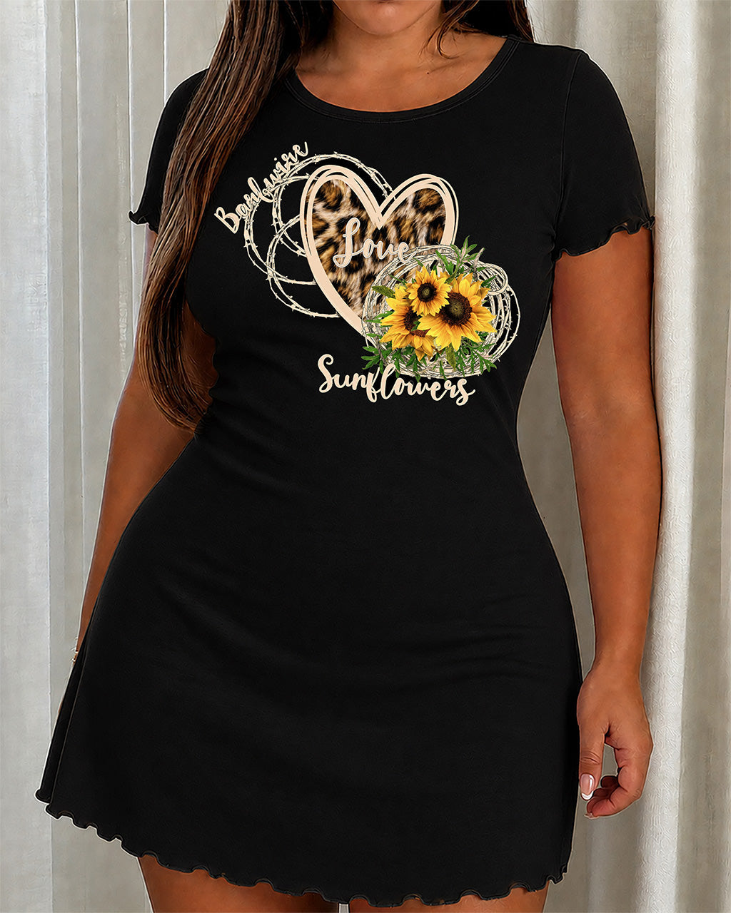 Barbed Wire Leopard Heart Love Sunflowers Print Ruffle Nightdress (XS-5XL) OMFORT