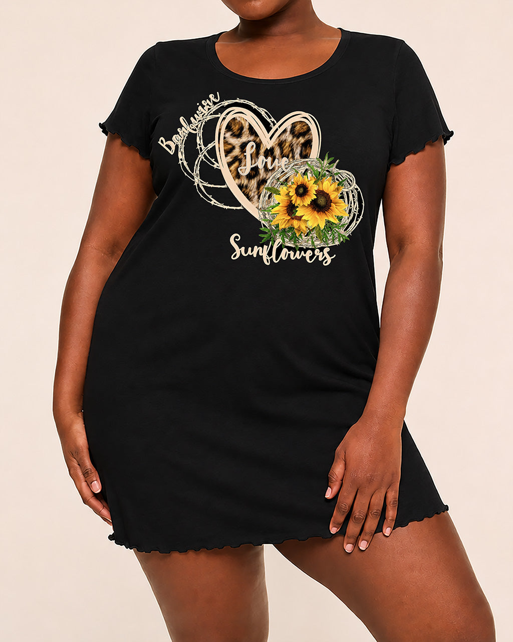 Barbed Wire Leopard Heart Love Sunflowers Print Ruffle Nightdress (XS-5XL) OMFORT