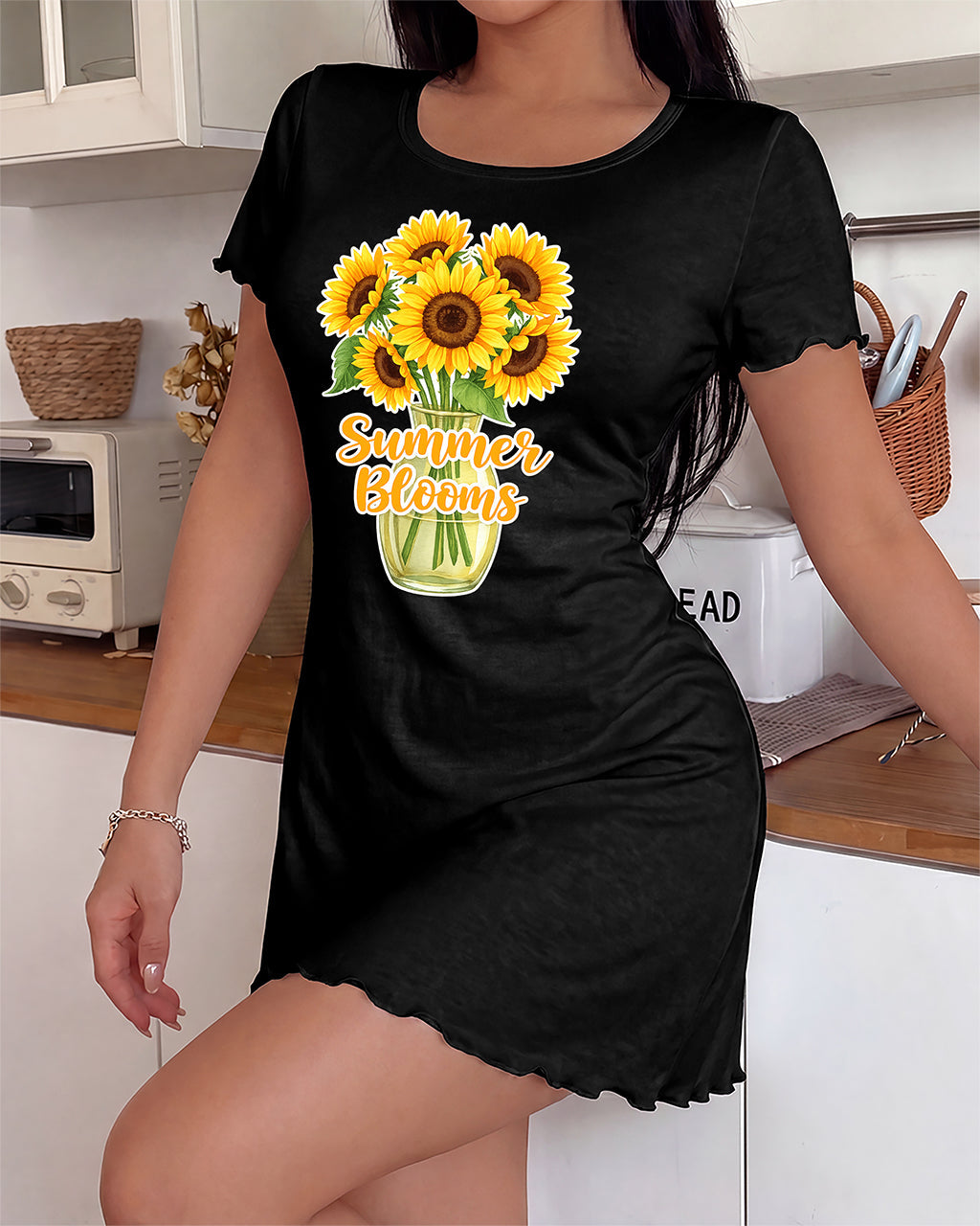 Summer Blooms Vase Sunflower Bouquet Letter Print Nightgown (XS-5XL) OMFORT