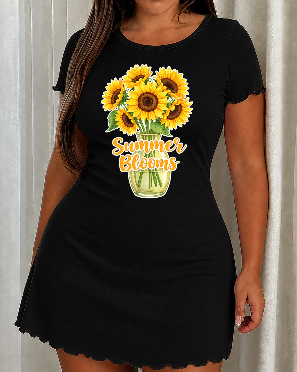 Summer Blooms Vase Sunflower Bouquet Letter Print Nightgown (XS-5XL) OMFORT