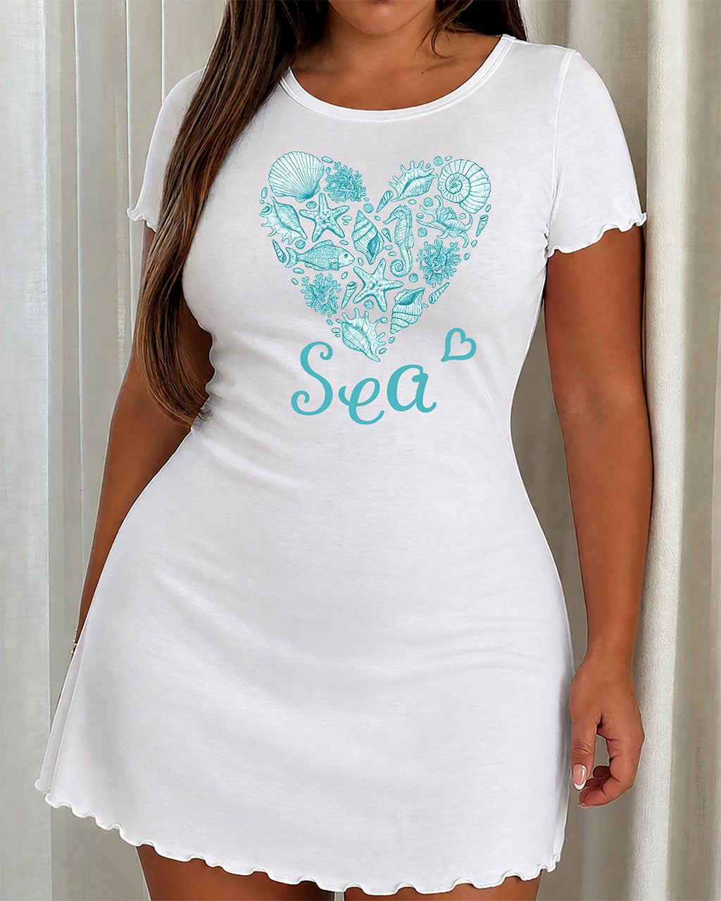 Blue Sketch Seashell Starfish Heart Sea Print Loungewear Dress (XS-5XL) OMFORT
