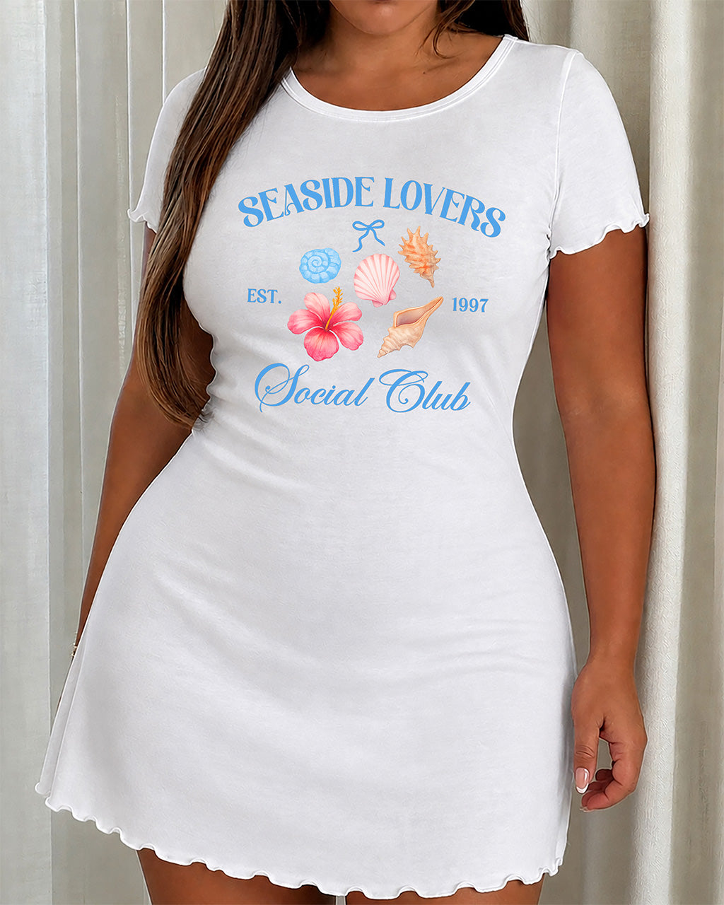 Seaside Lovers Social Club Hibiscus Shell Vintage Print Dress (XS-5XL) OMFORT