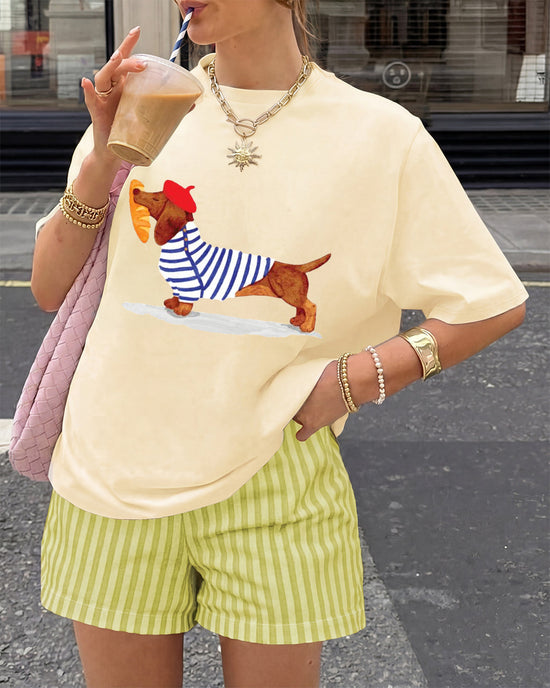 French Dachshund Print T-Shirt & Striped Shorts Set OMFORT