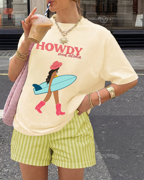 "Howdy and Aloha" Surf Cowgirl T-Shirt & Striped Shorts Set OMFORT