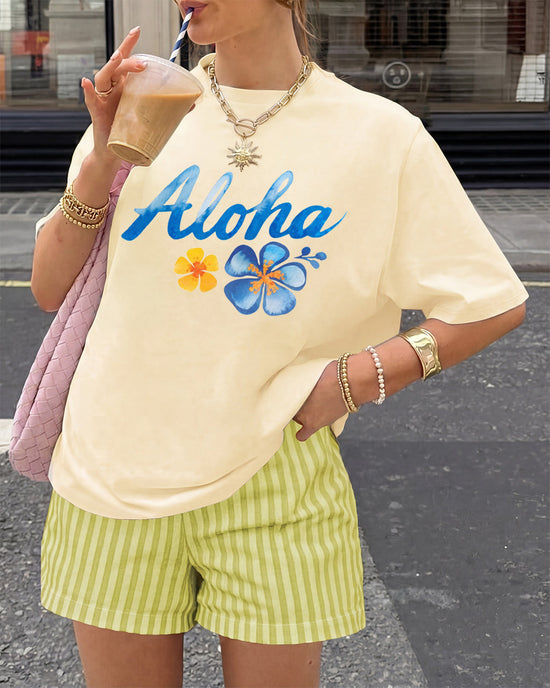 "Aloha" Hibiscus Flower Print T-Shirt & Shorts Set OMFORT