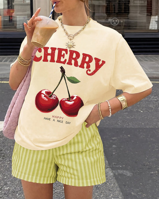 "Cherry" Retro Print T-Shirt & Striped Shorts Set OMFORT