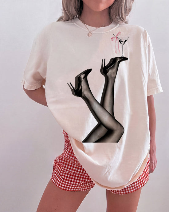 Black Heels & Martini with Pink Bow Print T-Shirt OMFORT