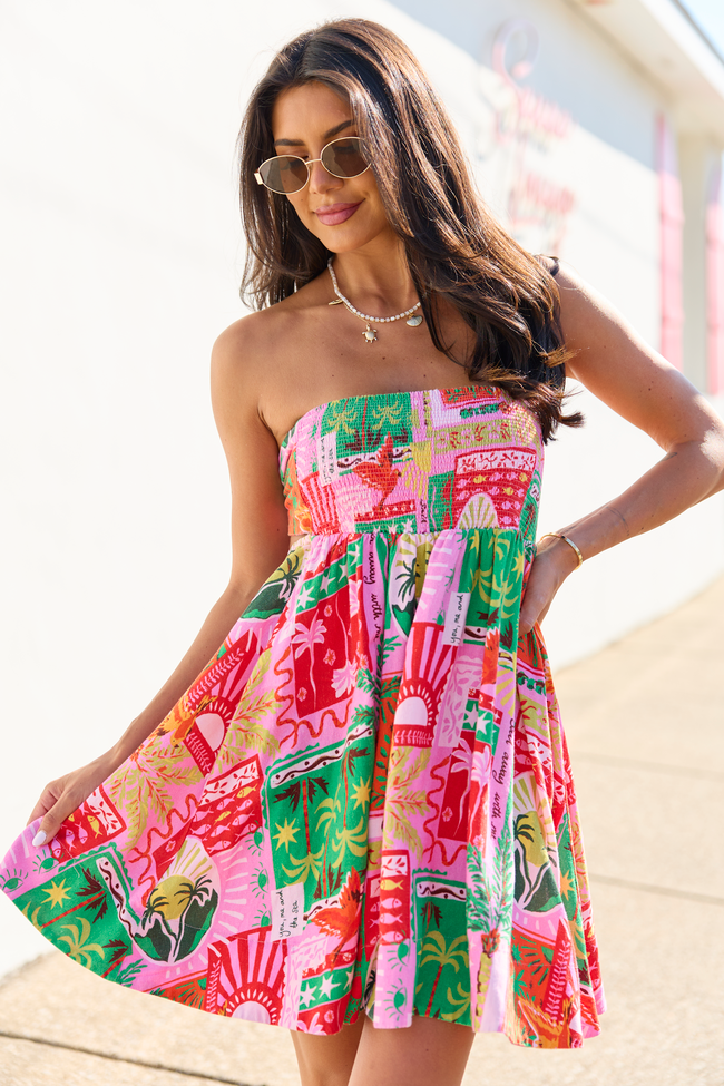 Calloway Multi Tropical Print Strapless Dress OMFORT