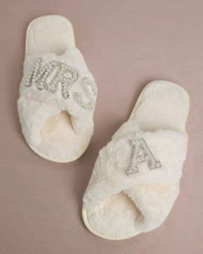 MRS & Initial Pearl Fuzzy Bridal Slippers OMFORT
