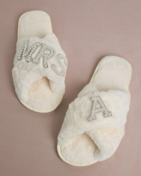 MRS & Initial Pearl Fuzzy Bridal Slippers OMFORT